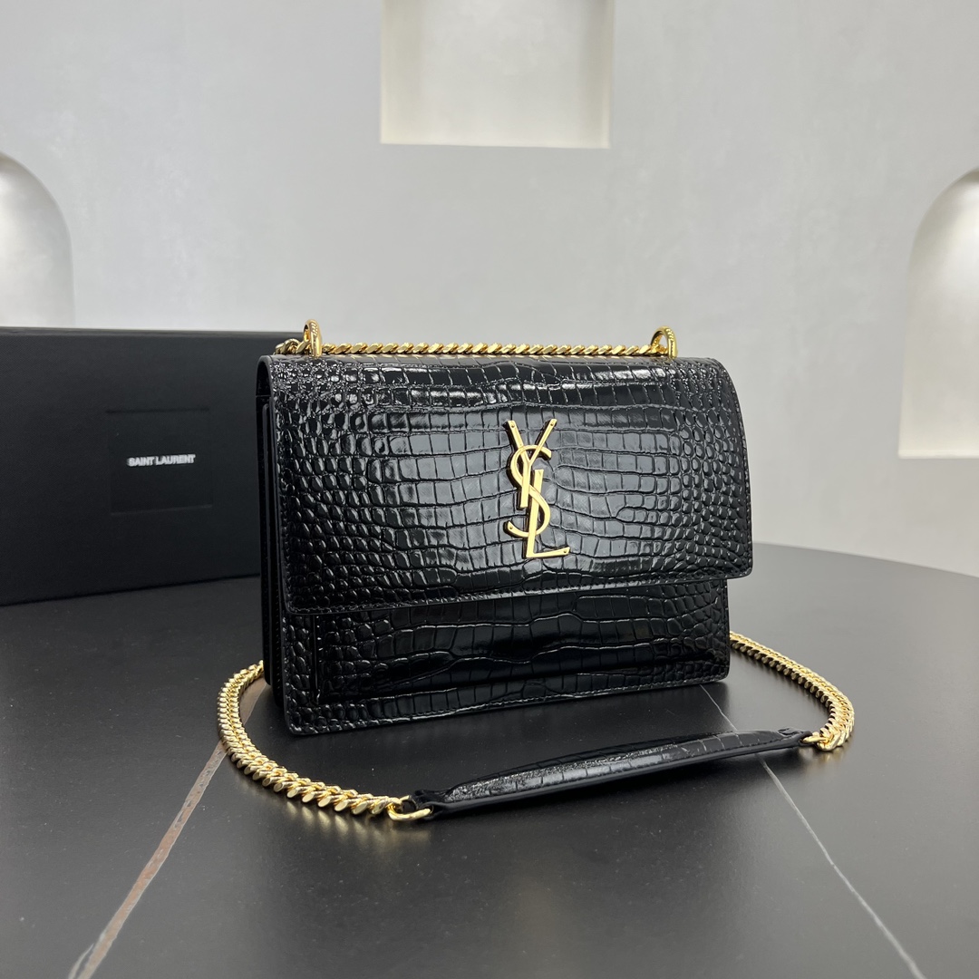 Saint Laurent Sunset Crocodile Embossed Calfskin Handbag Shoulder Bag Black 442906 Gold